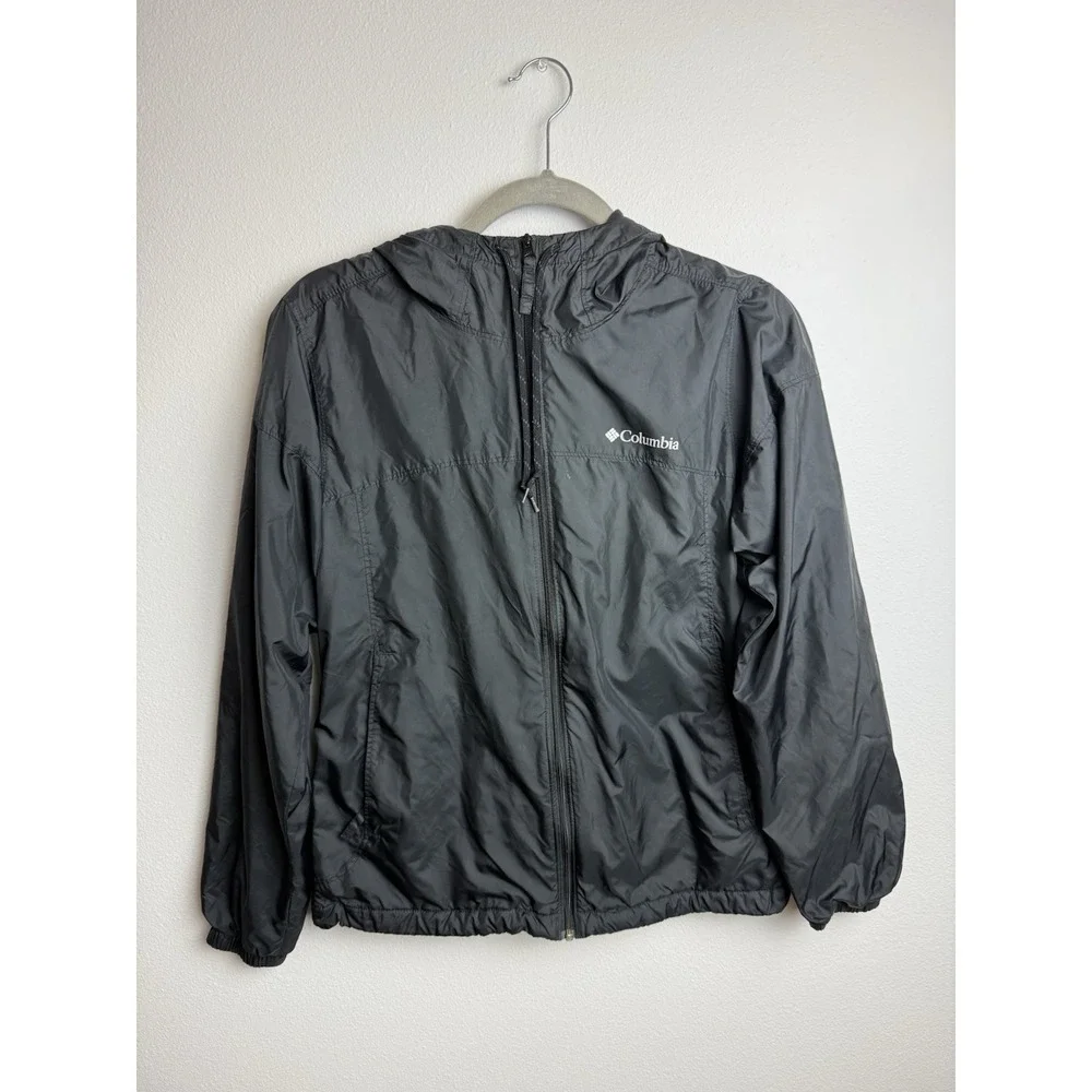 Columbia Flash Challenger Windbreaker Jacket Mens XS Black Logo Hooded Zip-Up‎